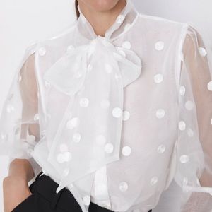 Zara White Polka Dot Organza Blouse with Bow